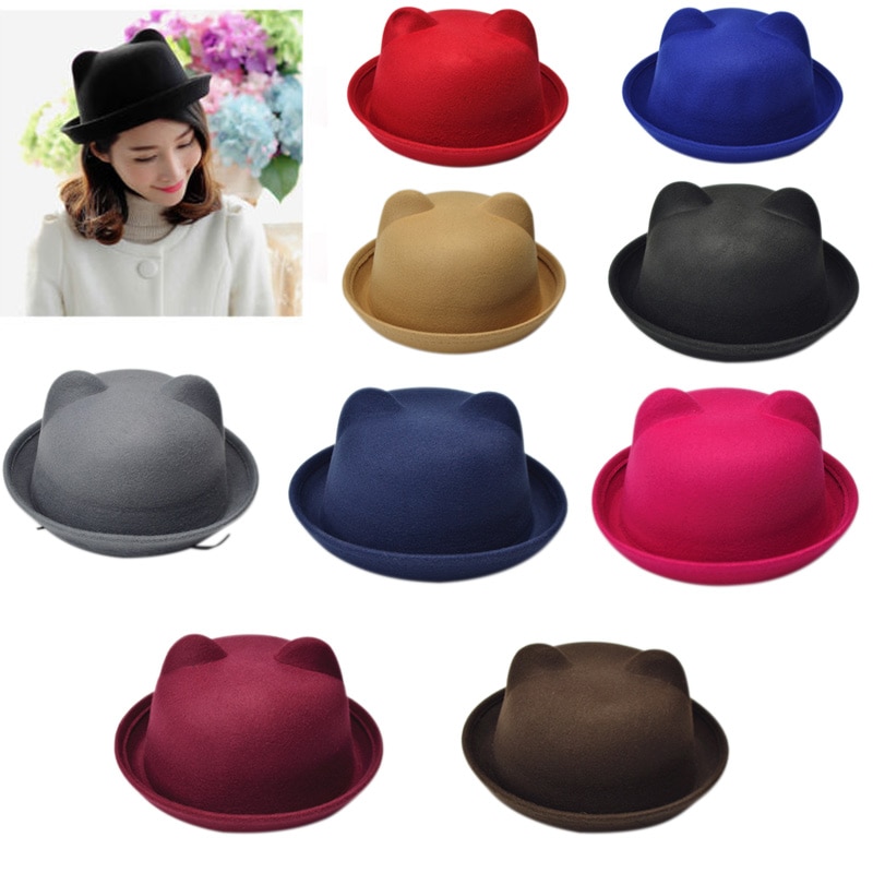 Women Cat Ears Cap Jazz Bowler Felt Fedora Hat Spring Autumn Cylinder Caps Bonnet