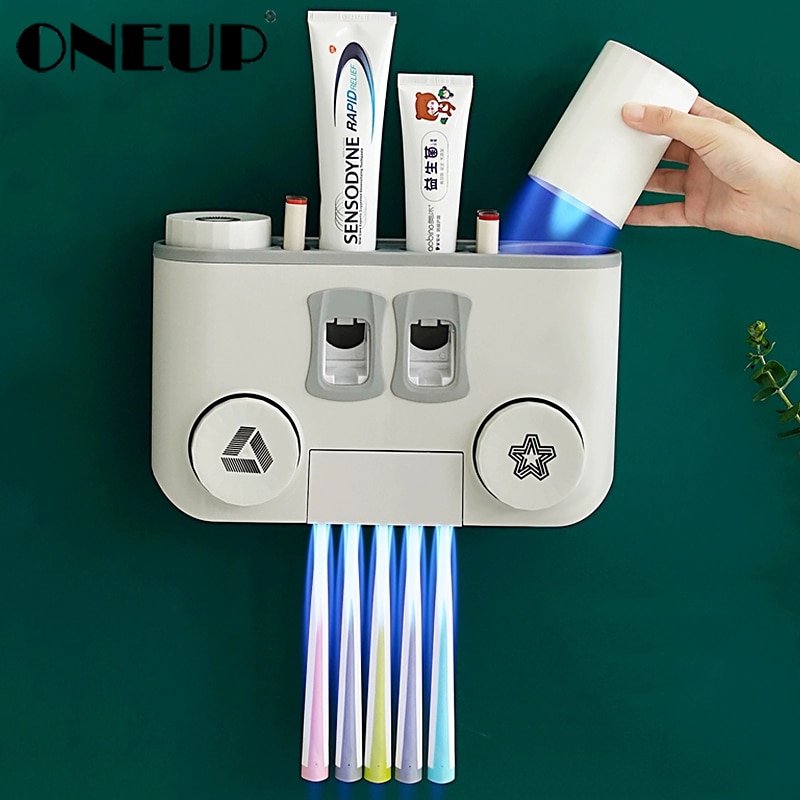 Oneup Multifunctionele Tandenborstelhouder Opslag Automatische Tandpasta Dispenser Squeezer Stofdicht Opslag Badkamer Accessoires