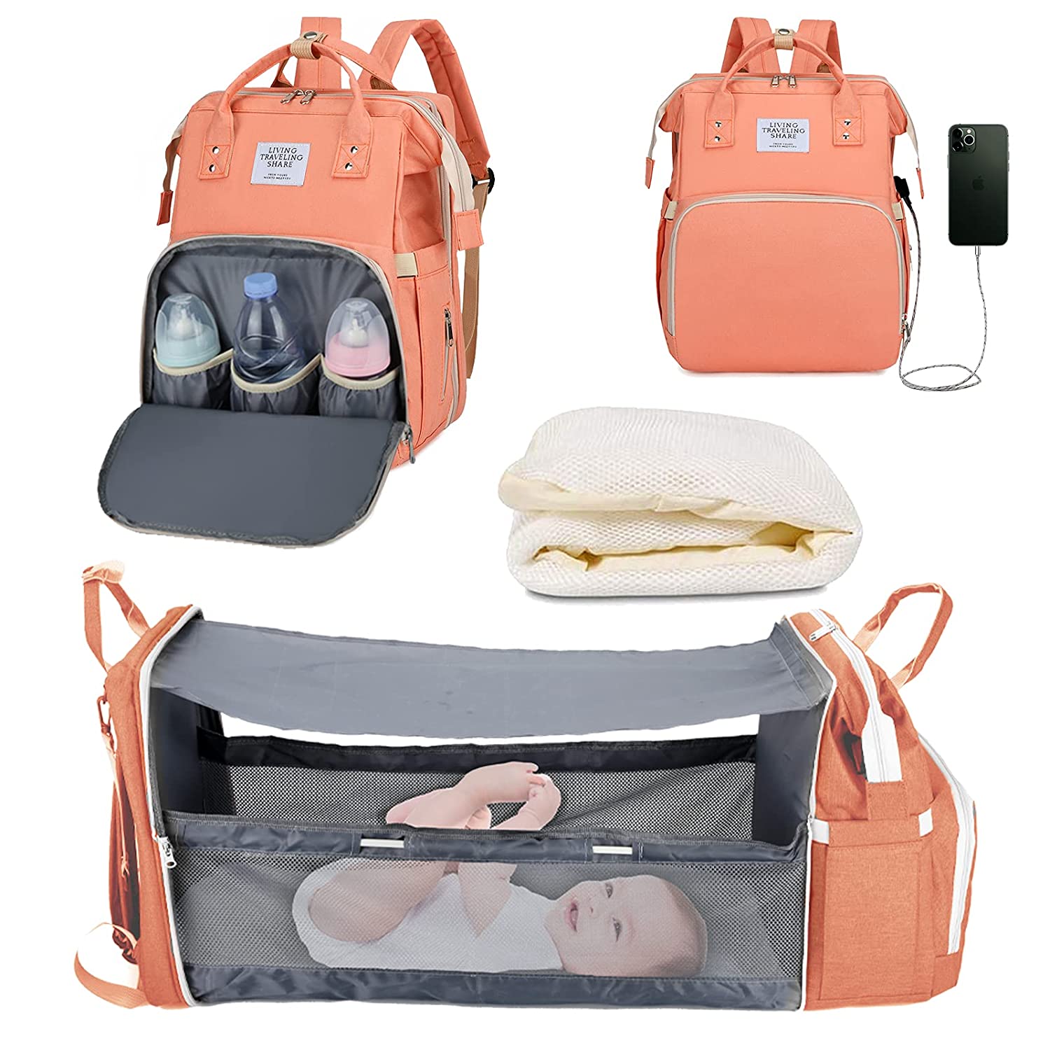 Bolsa de pañales 3 en 1, mochila con cuna plegable automática, portátil, impermeable, de gran capacidad, con puerto USB: 6