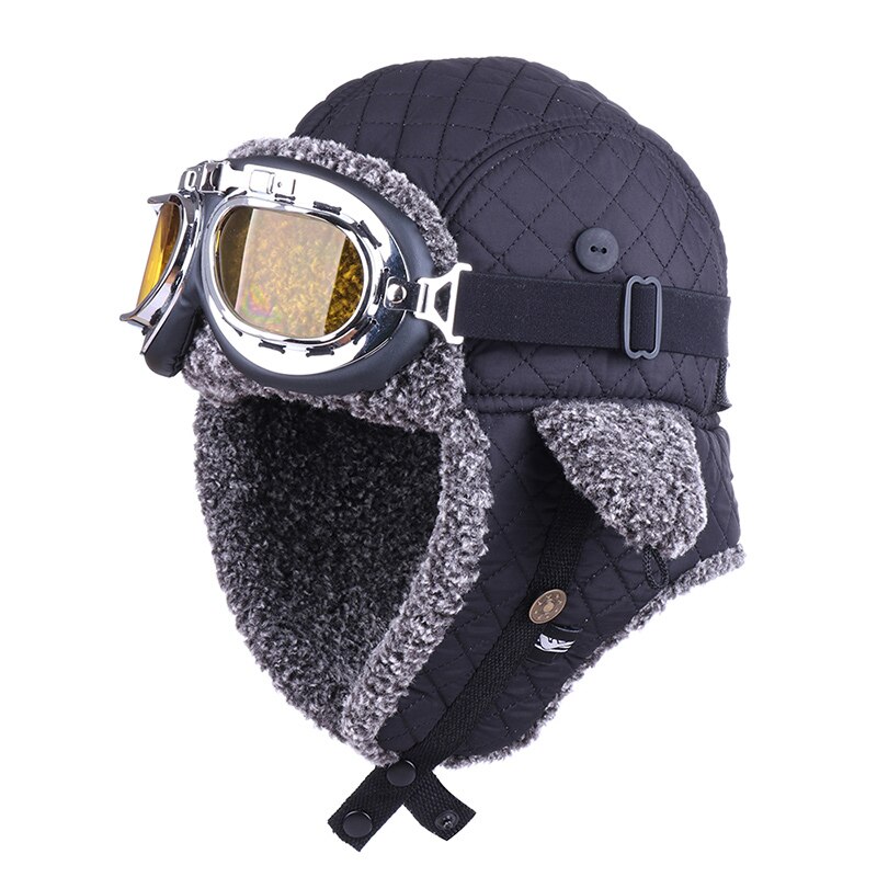 Gorros de aviador de invierno con orejeras de felpa Ushanka rusa con gafas para adolescentes y niños, gorra de aviador, gorro de esquí de Cachemira artificial: Black-Yellow Goggles / M(55cm-56cm)
