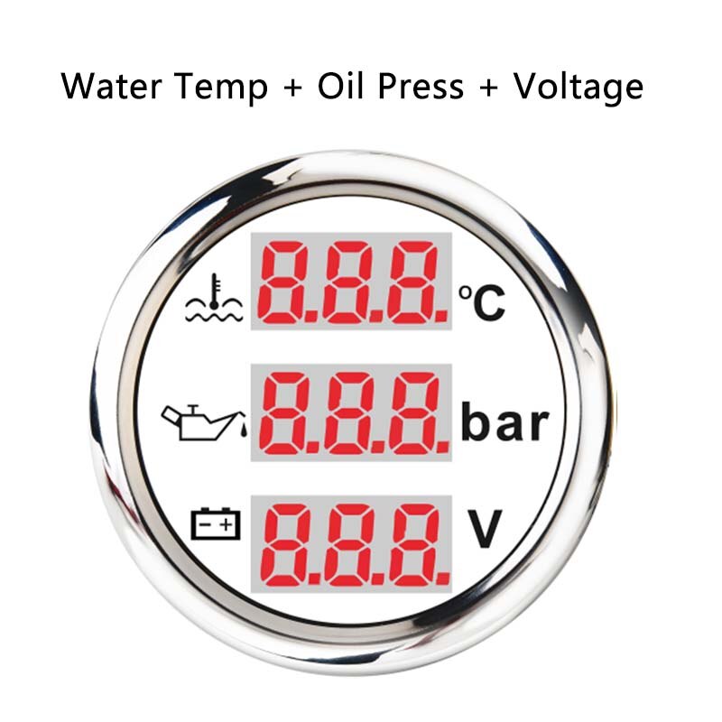 52mm Digital Gauge 3 in 1 Multi-Function Water Level Oil Press Fuel Gauge Tacho Meter Voltage With Alarm 9-32V: 8