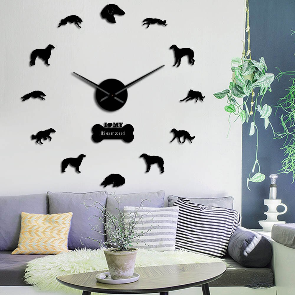 Frameless Borzoi Dog Long Hands DIY Wall Clock Quartz Clock Battery Operated Russian Wolfhound Canine Portrait For Dog Lovers