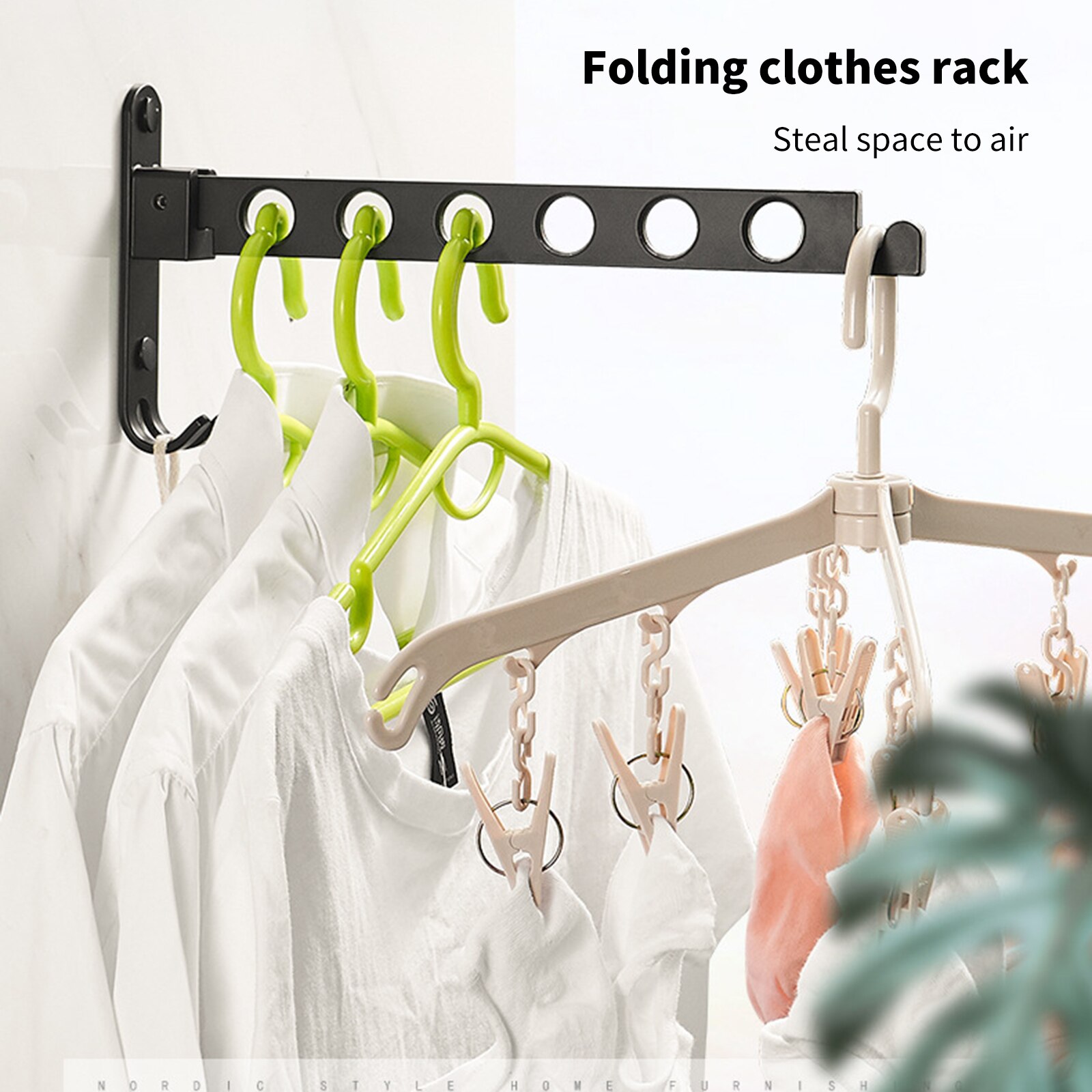 Clothes Rack Black Folding Clothes Hanger Foldable Wall Clothes Drying Racks Hangers Space Aluminum Clothes Hanger Organization