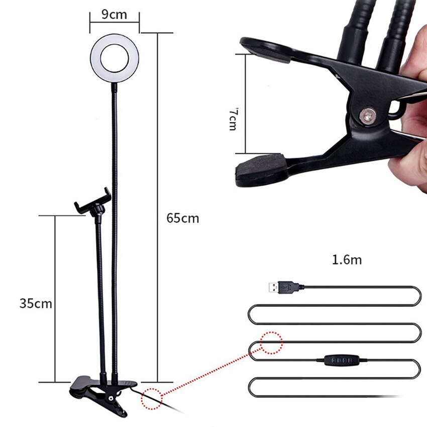 Led Video Fotografie Selfie Ring Licht Dimbare Licht Clip Desktop Licht Verlichting Met Telefoon Houder Usb Ring Lamp Make Selfie