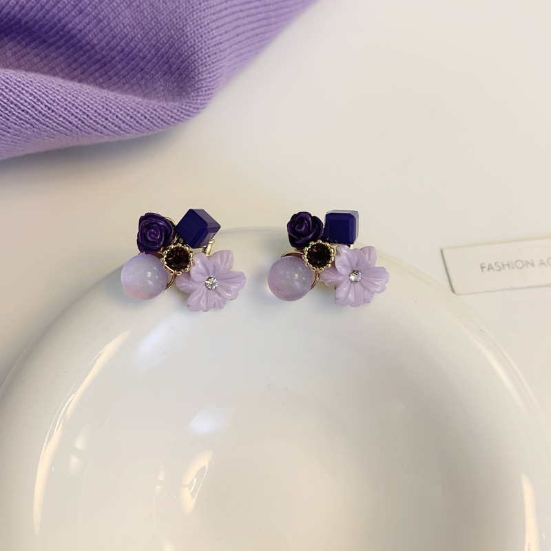 Taro-Boucles d'oreilles à tige fleur violette pour femmes, boule ronde en cristal, mini boucles d'oreilles mignonnes pour filles, bijoux d'oreille à la