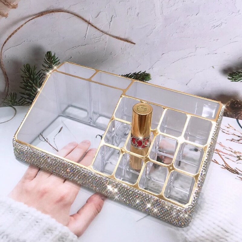 Sparkling Acrylic Box Make Up Organizer All Rhinestones Handmade Bathroom Organizer Plastic Storage Box Dressing Table Storage