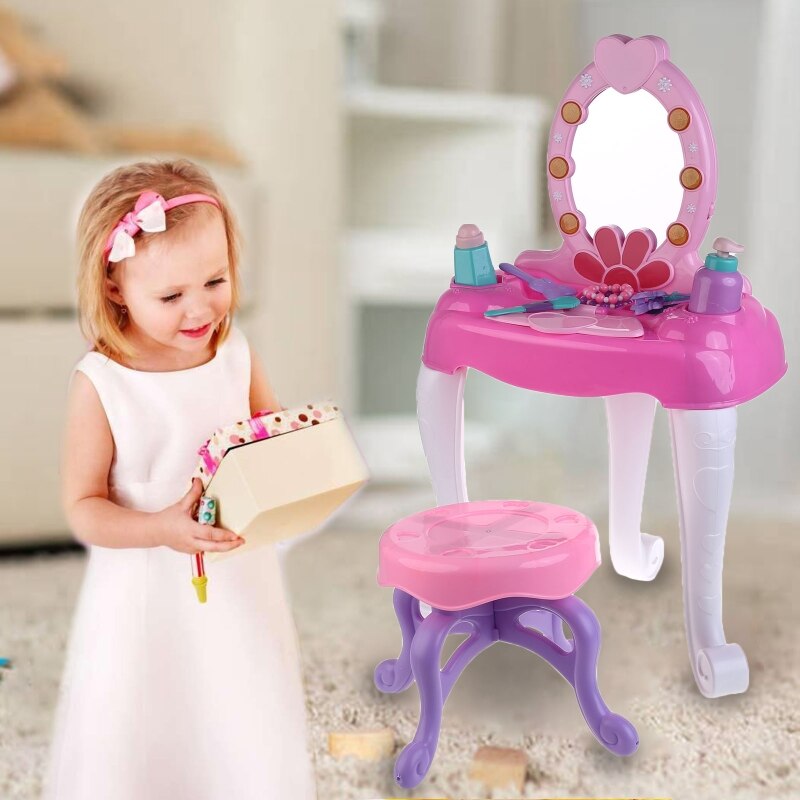 Tocador de maquillaje de belleza para niños, conjunto de juguetes de simulación con luces de espejo, sonidos musicales para niñas de 3 + años