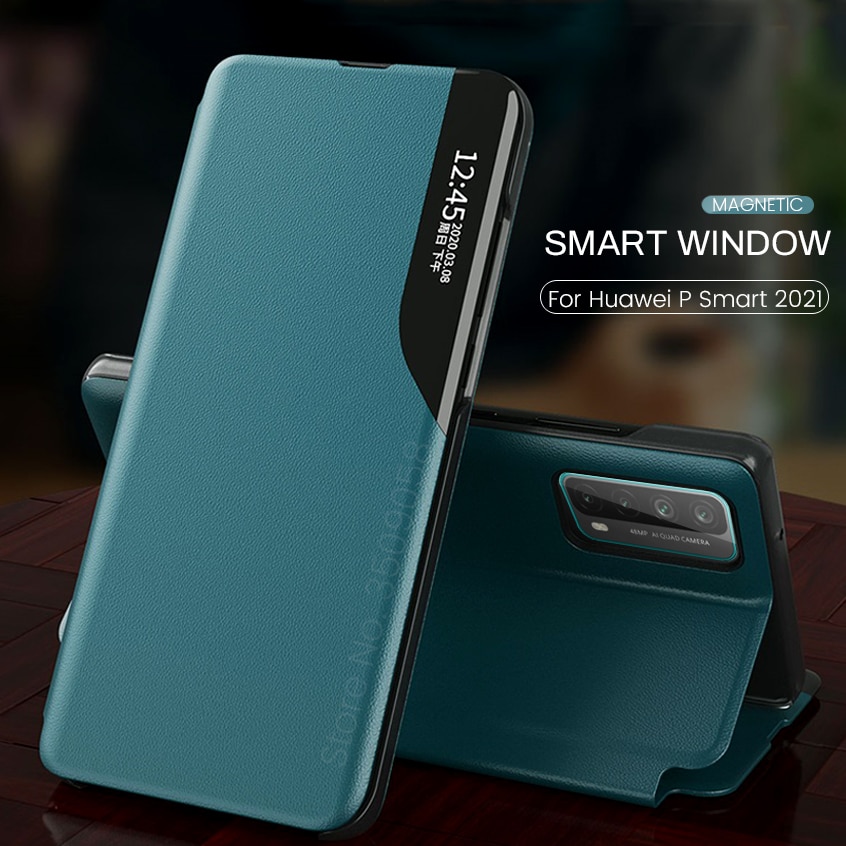Psmart-Funda de cuero de pu para móvil, carcasa magnética con Vista de ventana inteligente para huawei huaweiy hauwei p smart , soporte de libro de pulgadas, 6,67