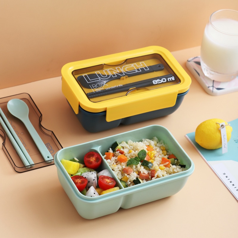 Lunch Box Separate Compartments Children School Bento Box Food Container Microwave Dinnerware Lunch Box with Tableware (850ML)