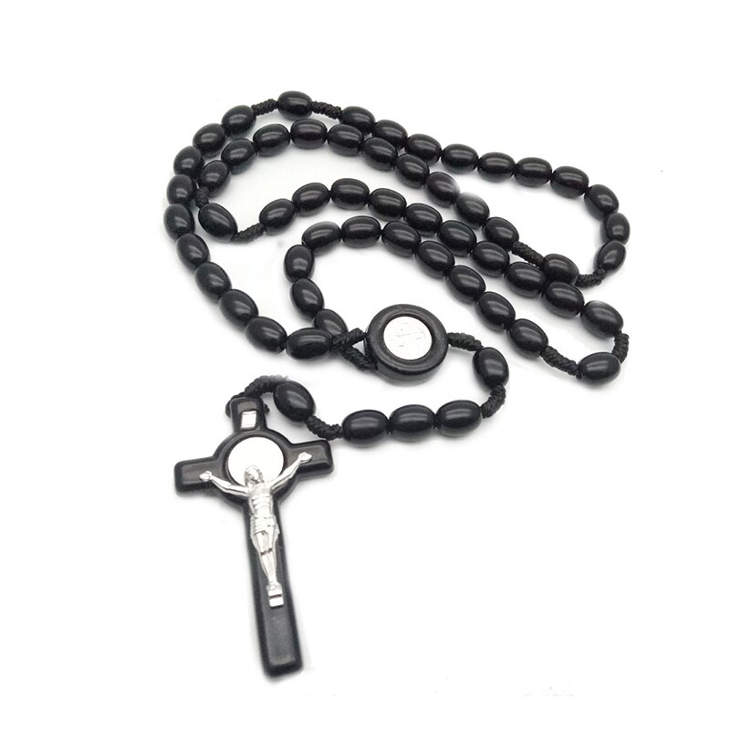 Rozenkrans Kruis Hanger Ketting Antieke Houten Rozenkrans Kruis Ketting Vintage Katholieke Religieuze Bidden Sieraden: Black