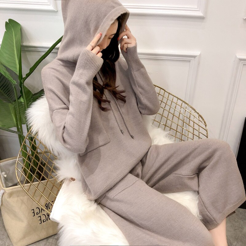 Women's Two Piece Hooded Sweater Spring Autumn Clothes Loose Wool Wide Leg Pants Casual Knitting Sport Suit