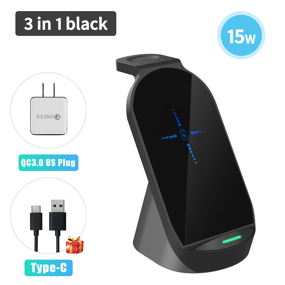 3 in 1 15w Qi Quick Wireless Charger Stand Dock For Apple Watch AirPods iPhone Samsung Xiaomi Phone Fast Induction Charging: 3 in 1 Black US