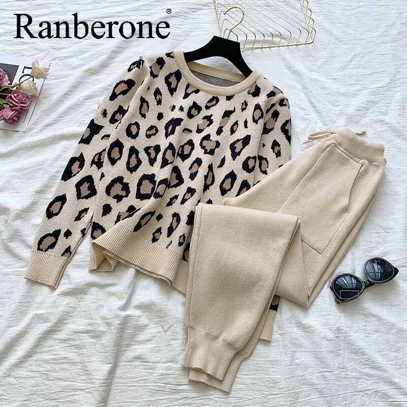 Ranberone leoparden-trainingsanzug für damen, herbst/Winter, Sweatshirt und Schlauch, Joggen-Outfit , 2- teiliges einstellen