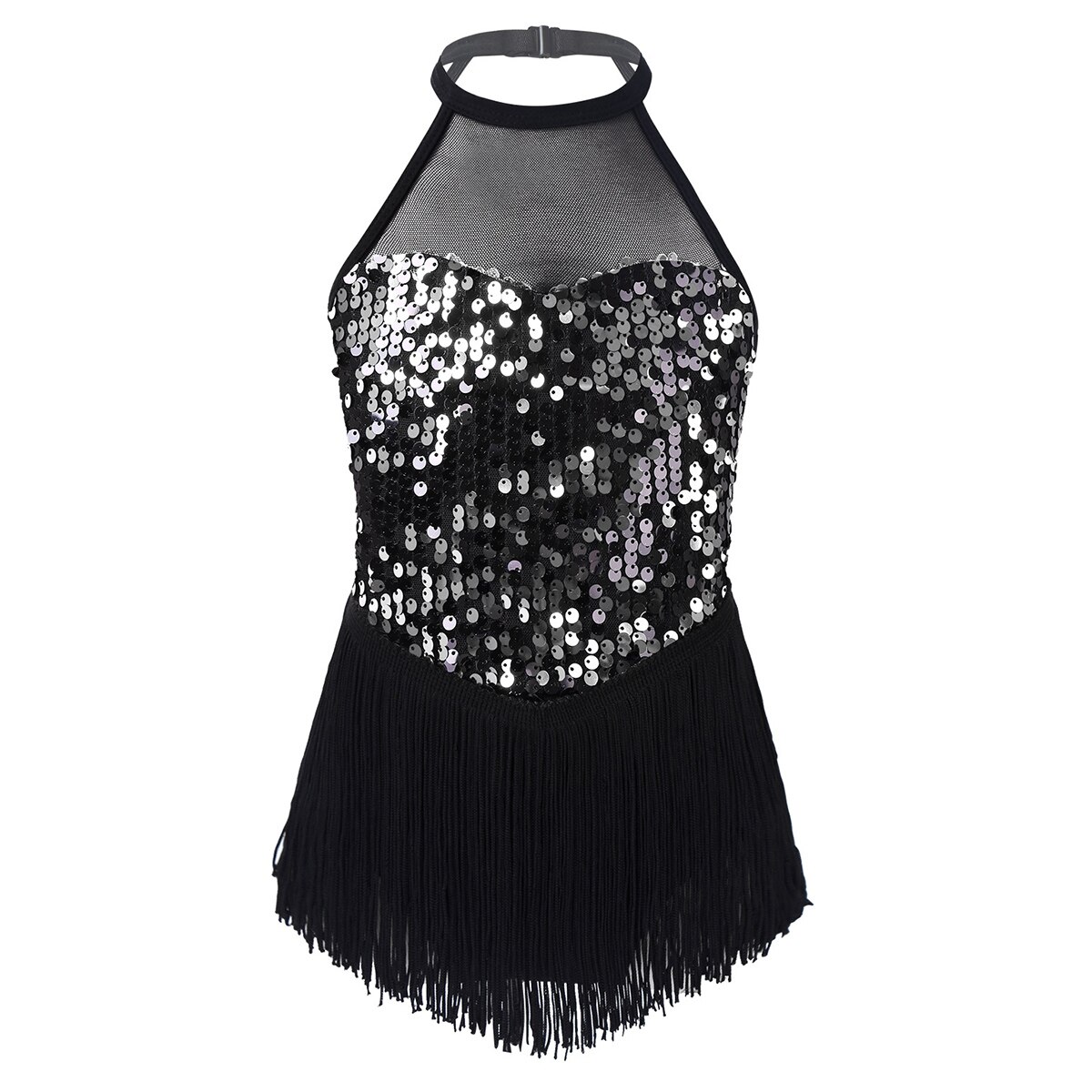 Justaucorps avec jupe à franges pour petites filles, paillettes scintillantes, danse latine, Jazz, col licou, figurine, patinage à glace, Roller, Roller