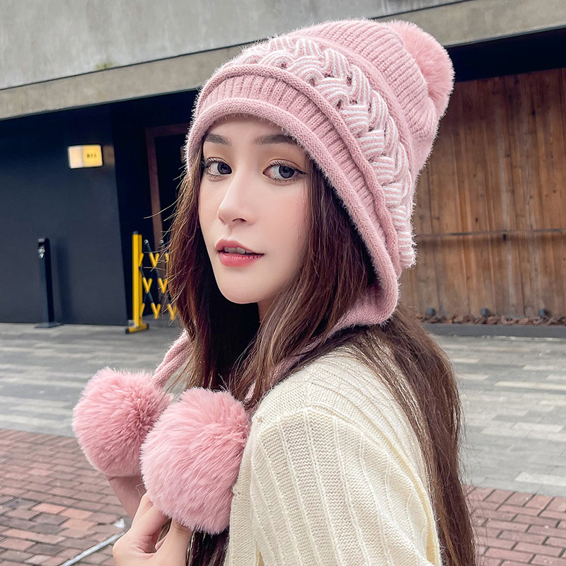 2022 Women Winter Ear Cap Ladies Woolen Hat Korean Earflap Knitted Outdoor Warm Snow Fiuffy Pompom Windproof Ski Cap