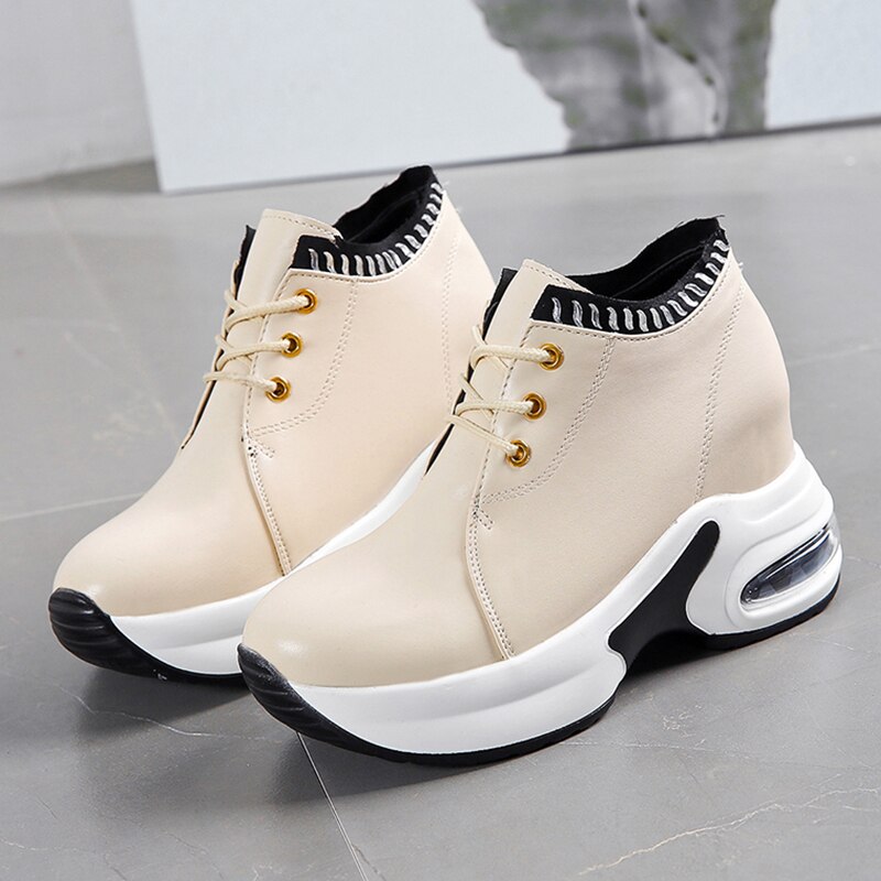 Spring Increase Height Wedge Sneakers Simple Lace Up High Platform Sneakers Beige Brown Casual PU Leather Shoes Outdoor