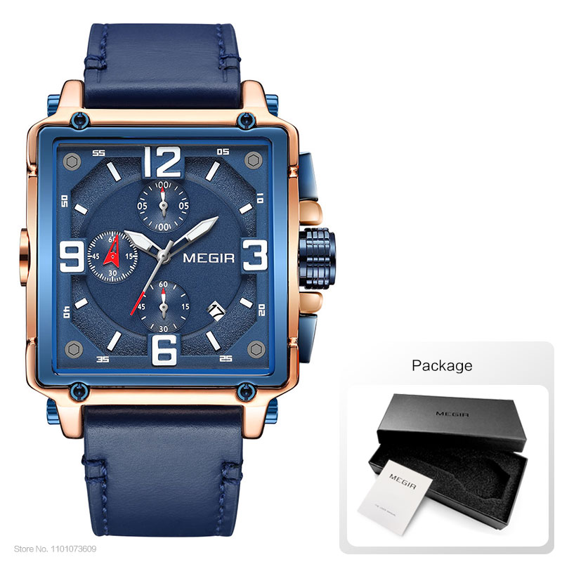 Megir herre firkantede quartz armbåndsur ur militær sports casual kronograf stopur læder relogios maskuline 2061 brun: Sort