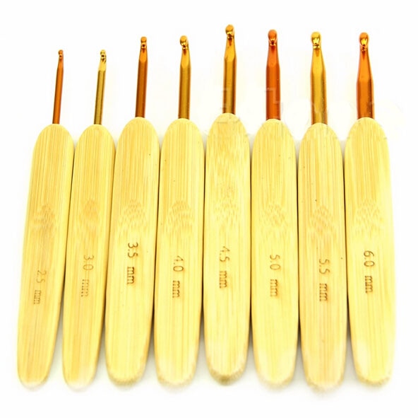 1Set 8Pcs 8 Maten Bamboe Handvat Golden Aluminium Haaknaalden Breinaalden 2.5Mm-6Mm