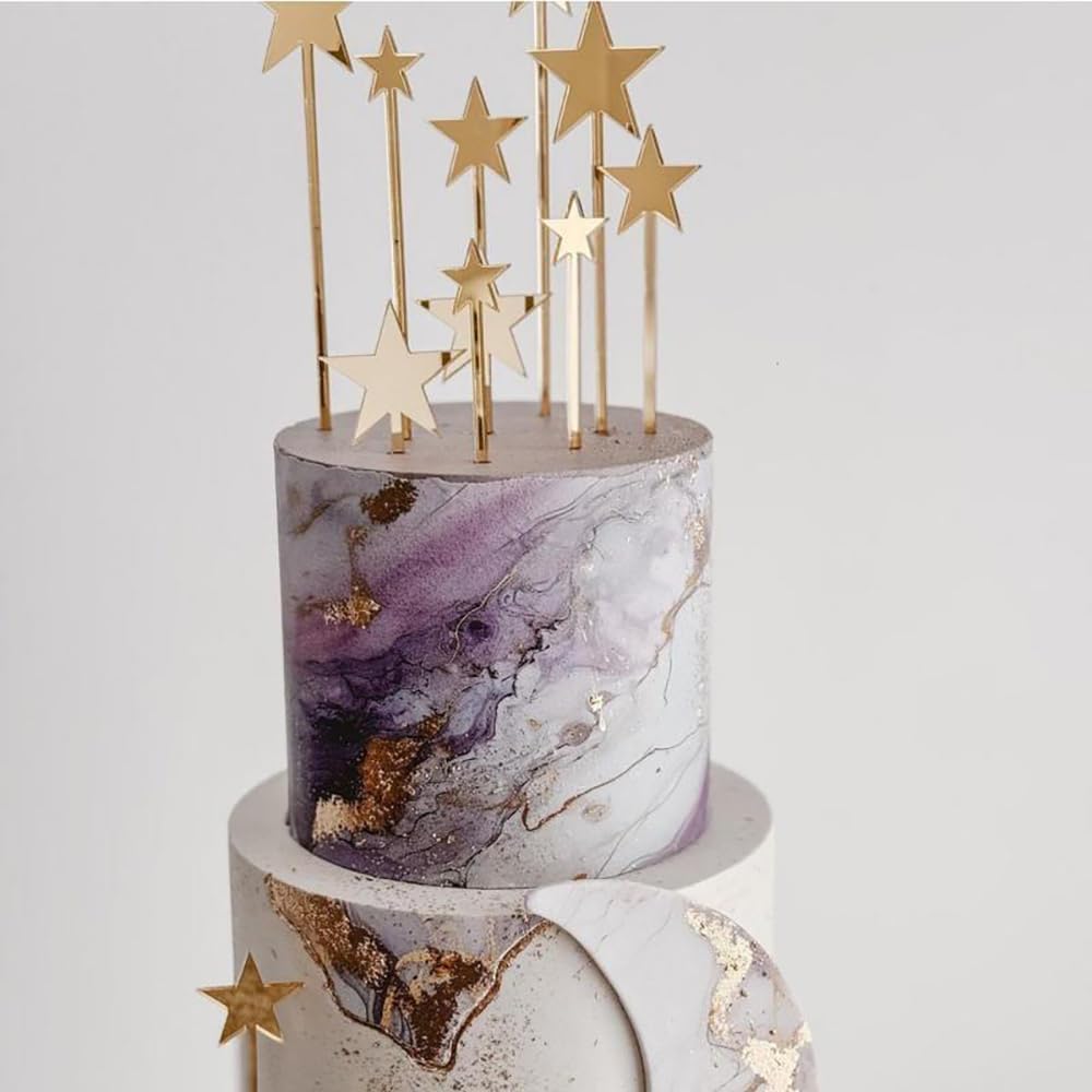 Gold 24pcs Cake Topper Pentagram Star Birthday Decorations Mirror Gold Acrylic Cake Toppers for Cake Decorating Supplies Kit