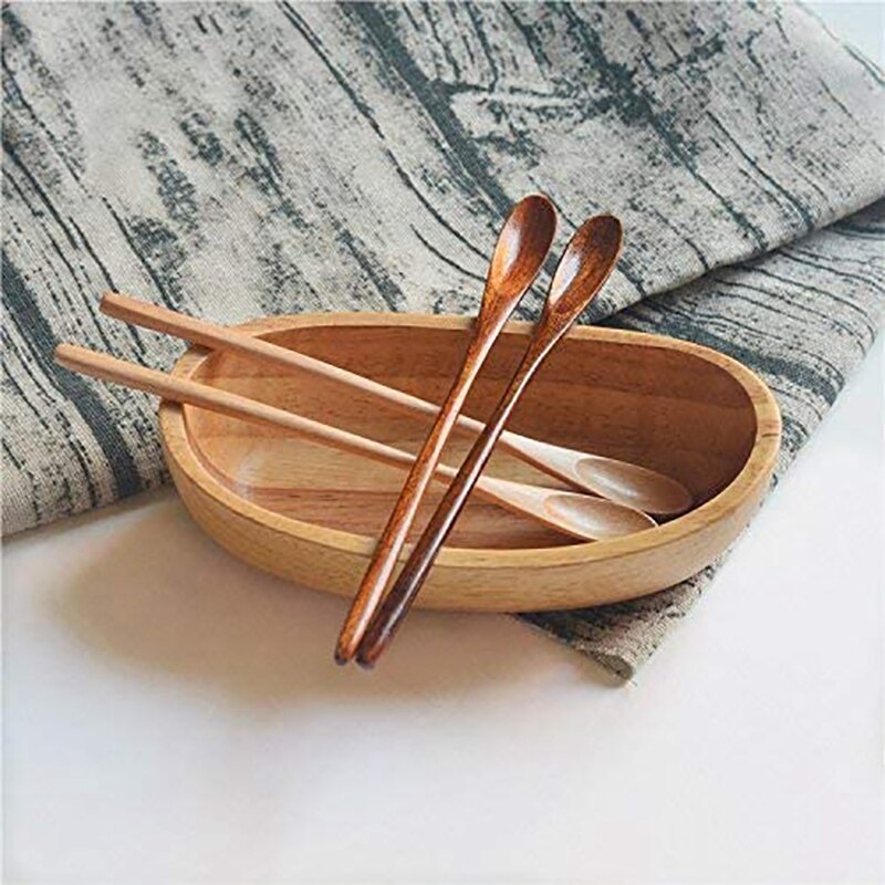 Natural Long Handle Wooden Mixing Spoons Coffee Tea Honey Stirring Serving Utensils Set of 6