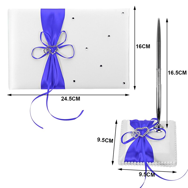 Wedding Guest Book With Pen Holder Sets Satin Bows Signature Book With Diamonds Love Shape For Party Decorations-Red+White