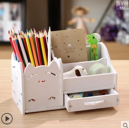Muiti – stylo à crayons avec fonction de bricolage, porte-crayon à tiroir, support d&#39;étagère Simple, fournitures de papeterie de bureau: White cat