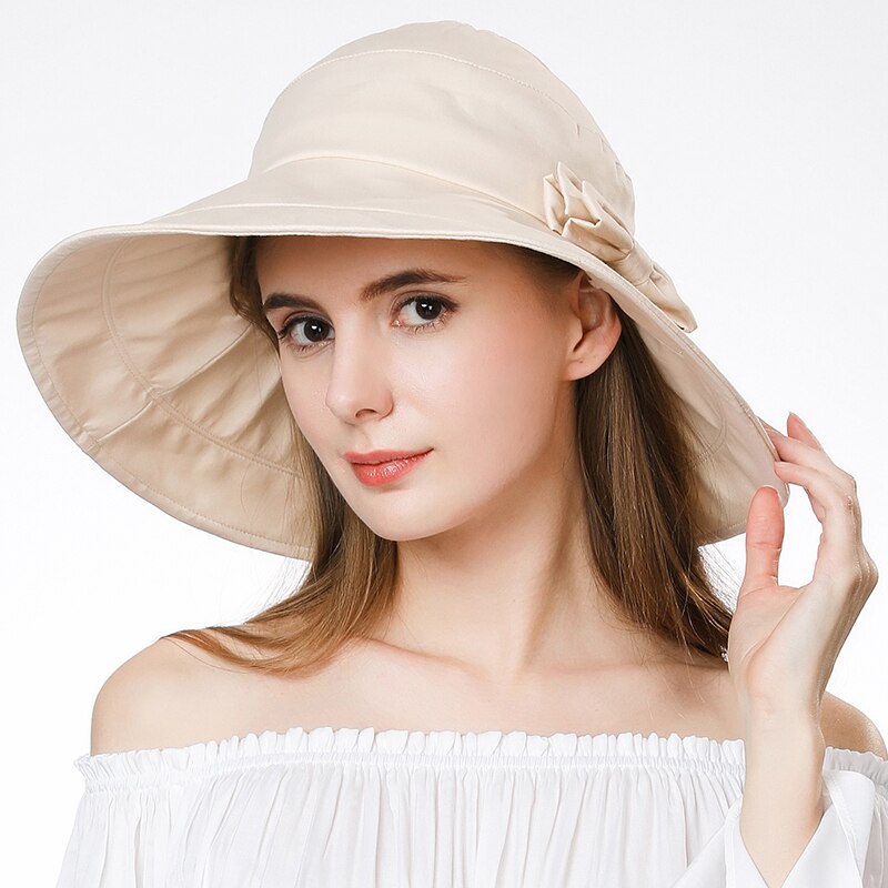 Fancet sommerbrede solhatte til kvinder upf 50+  uv foldbare pakkbare aftagelige bue knude justerbare boonie spand hatte 69038
