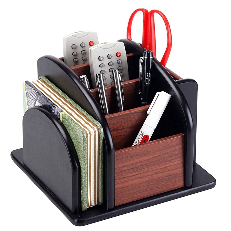 6-Compartment Wood Rotating Remote Caddy Desktop Office Supply Organizer Holder Desktop Storage Rack