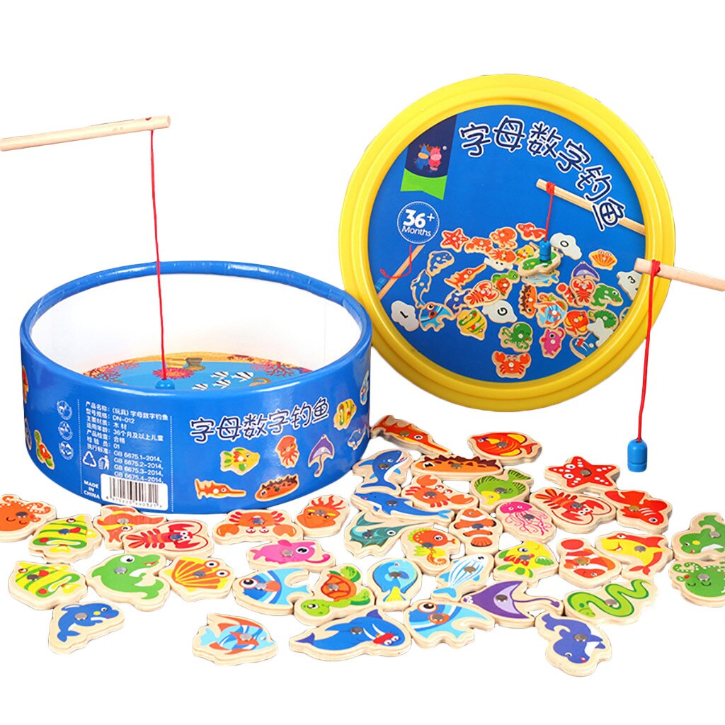 41Pcs Fish Wooden Magnetic Fishing Toy Set Fish Game Educational Fishing Toy
