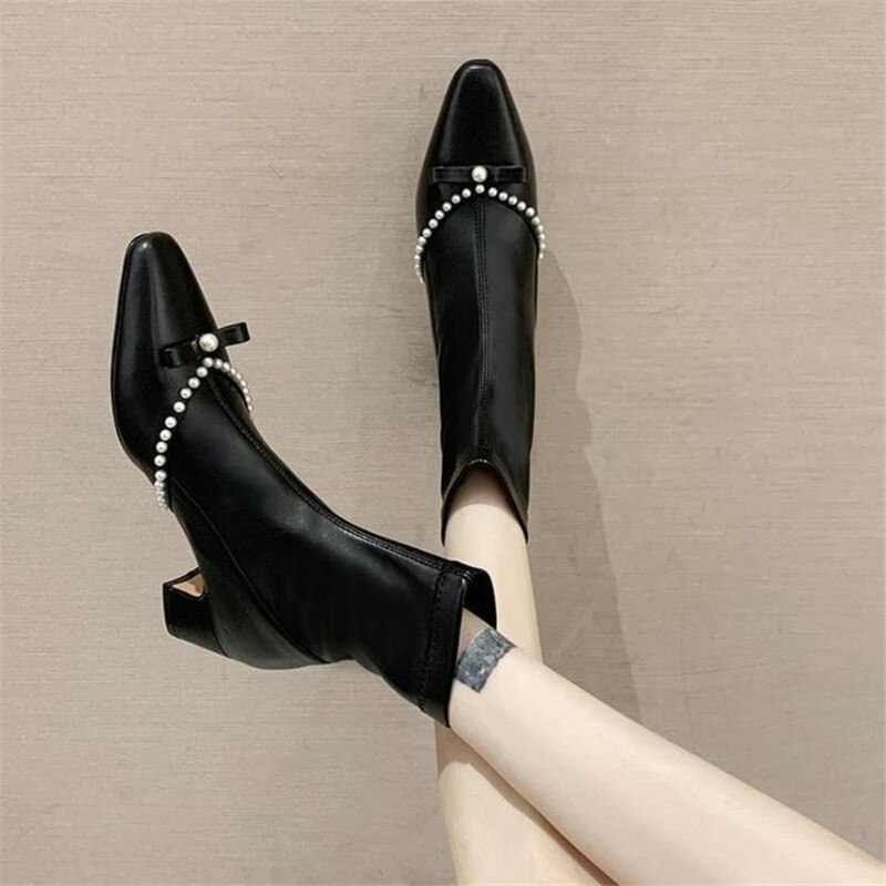Bottines élégantes avec perles pour femmes, chaussures confortables à talons carrés, courtes en Pu, en plissage, collection automne-hiver