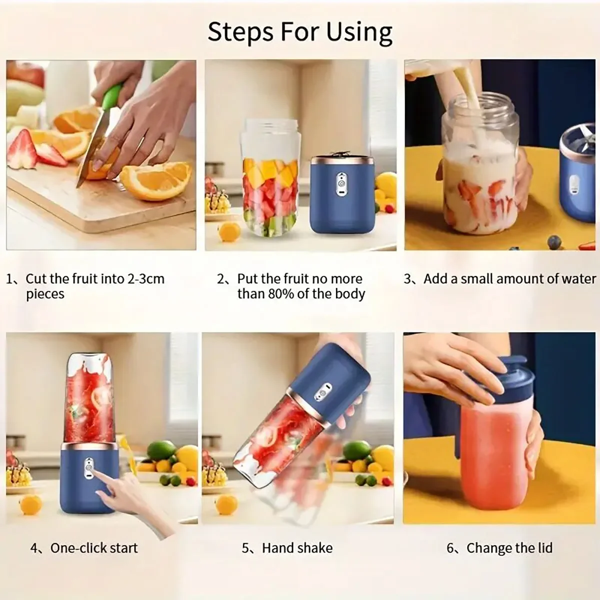 1 tragbarer Entsafter mit zwei Tassen – über USB wiederaufladbar, kompakt und langlebig, inklusive Trageband, perfekt für Smoothies und Frühstück unterwegs.