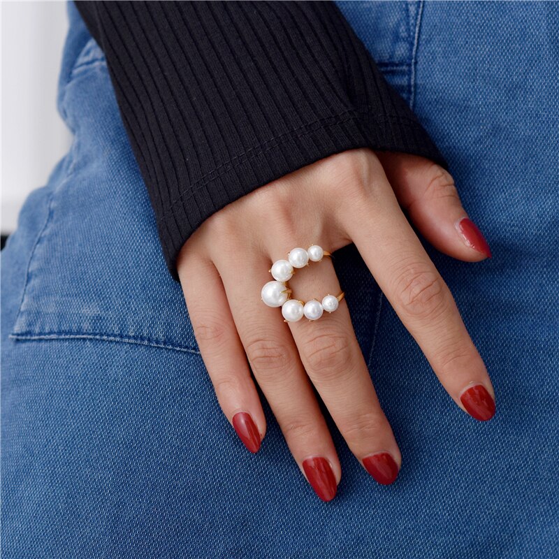 HUANZHI Vintage Old Metal Inlaid Pearl Geometric Irregular Modeling Adjustable Opening Ring for Women Party Jewelry