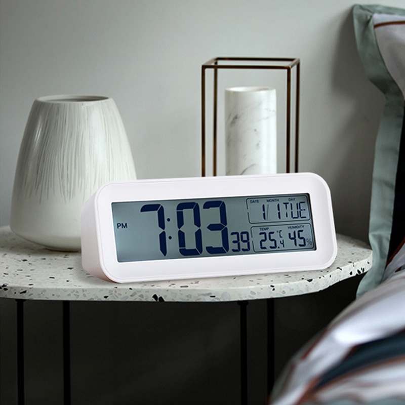 Mærke batteri strøm 12/24 timer snooze vækkeur, blå baggrundsbelysning temperatur luftfugtighed stort antal display bordur