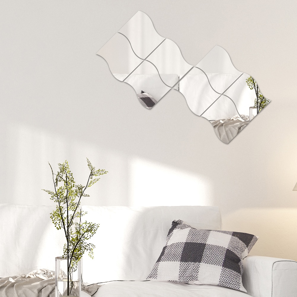 6 pièces 12*10cm bricolage 3D miroir autocollant mural vivant maison moderne auto-adhésif vague carré miroir autocollants décor à la maison