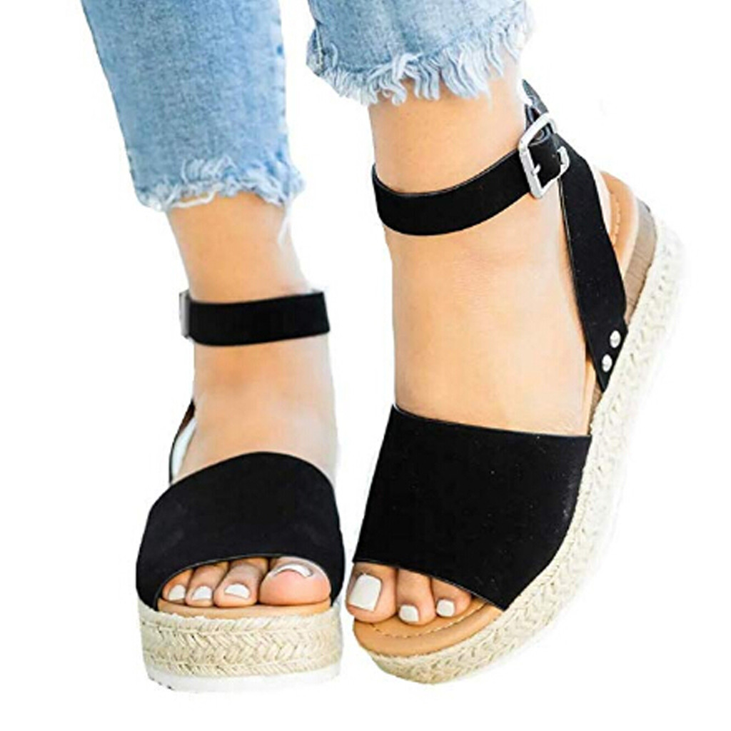 Décontracté semelle en caoutchouc clouté Chaussures compensées Femme boucle bride à la cheville sandales à bout ouvert femmes Chaussures plate-forme Chaussures Femme Zapatos