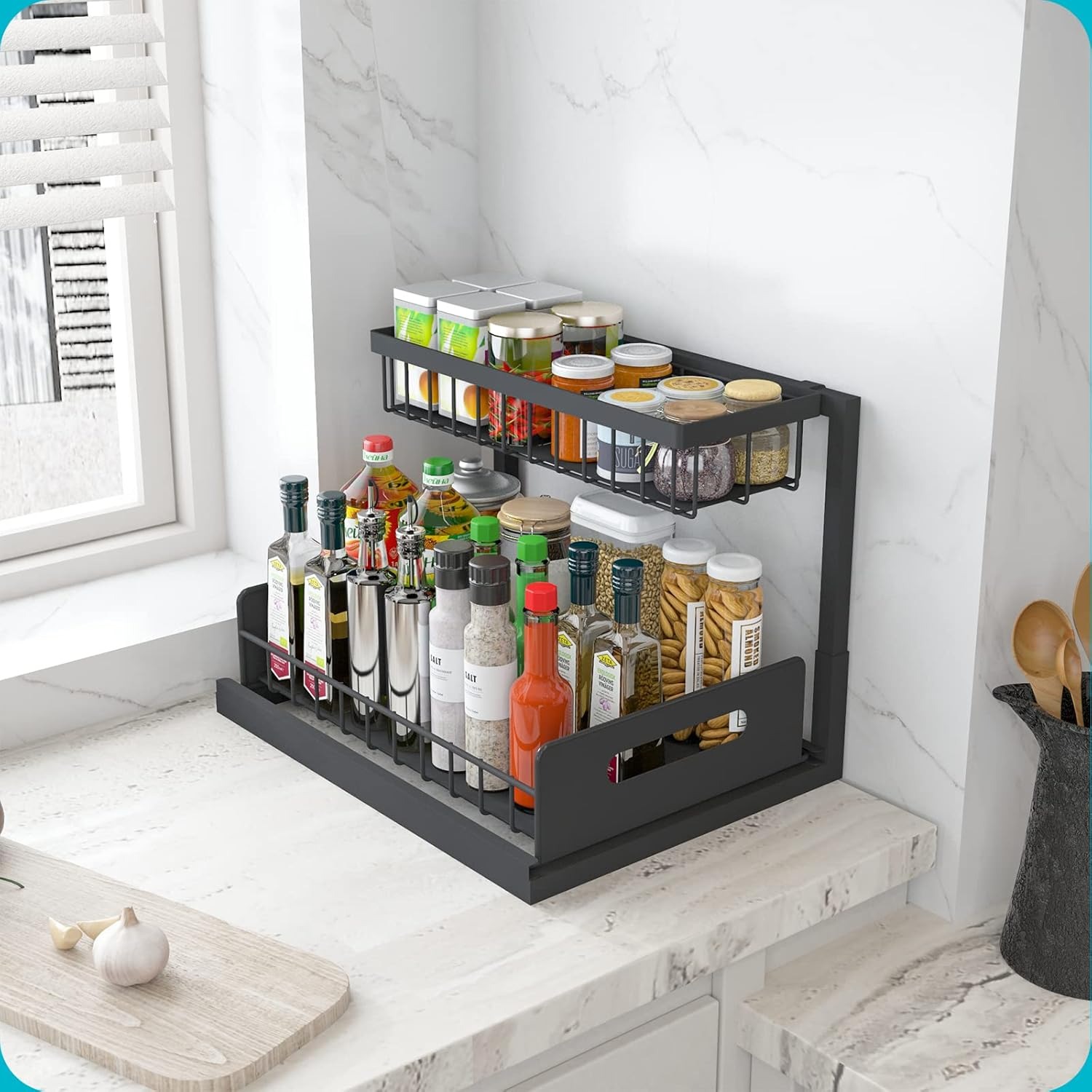 Organizadores y almacenamiento debajo del fregadero de 2 niveles con cajón deslizante, estante de baño multiusos, organizador para almacenamiento de cocina y baño