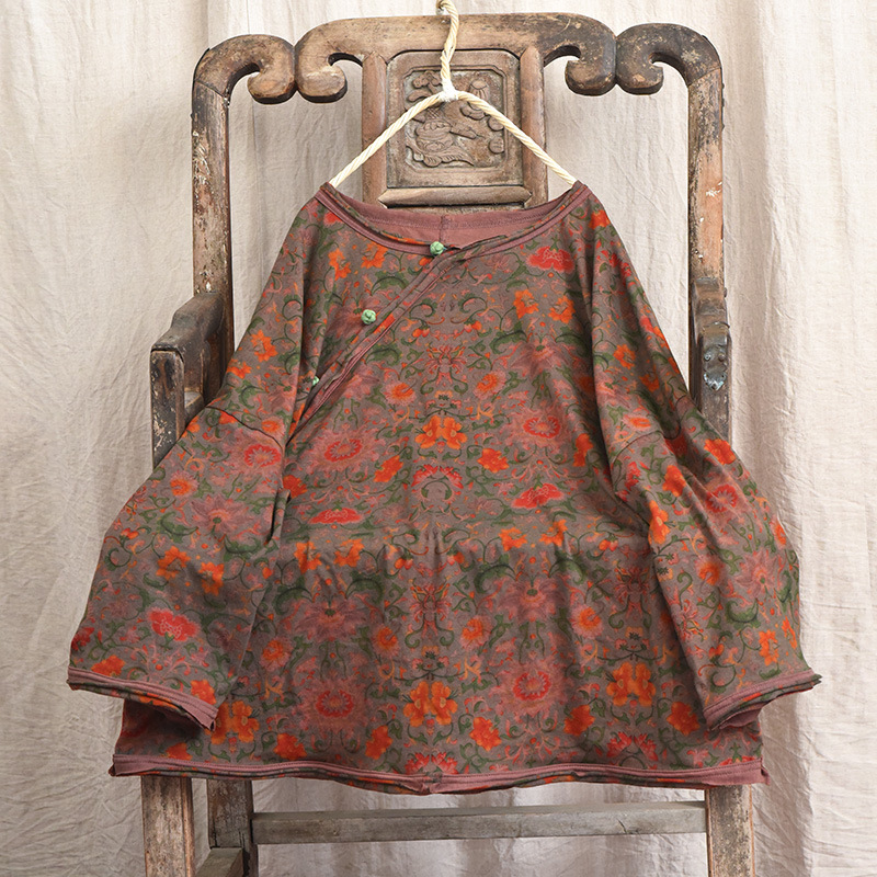 Kinesiske damet-shirts med lange ærmer i bomuld og hør, forårsprint, løse, afslappede toppe til kvinder, t-shirts  m965: Sort