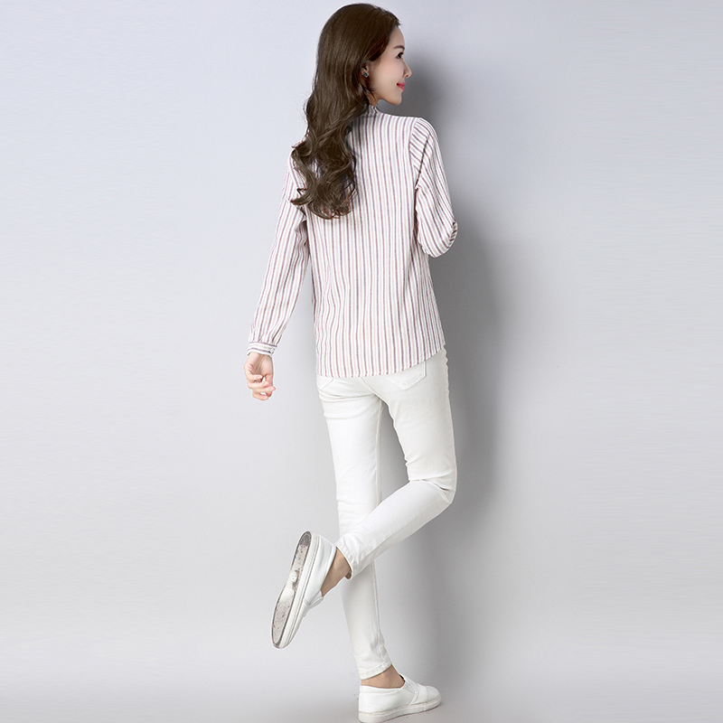 Nueva camisa de manga larga a rayas para oficina para mujer, blusa a la con cuello en V, blusas para mujer, ropa de algodón y lino D813 30