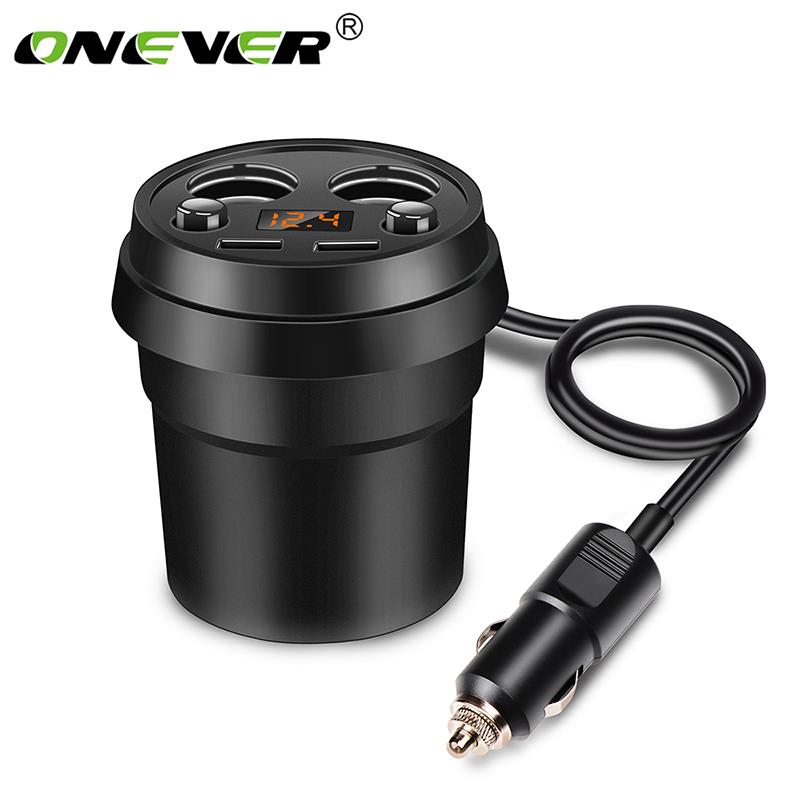 Onever 3.1A Dual USB Car Charger Adapter with 2 Cigarette Lighter Socket Volmeter Display Car Cup Holder Type Support DC 12-24V: Default Title