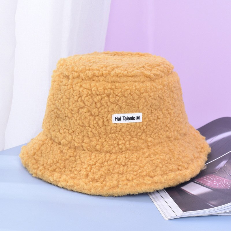 Winter Autumn Thick Warm Soft Lamb Wool Women Bucket Hat Solid Color Female Ladies Flat Top Hat Beanie Bonnet: yellow
