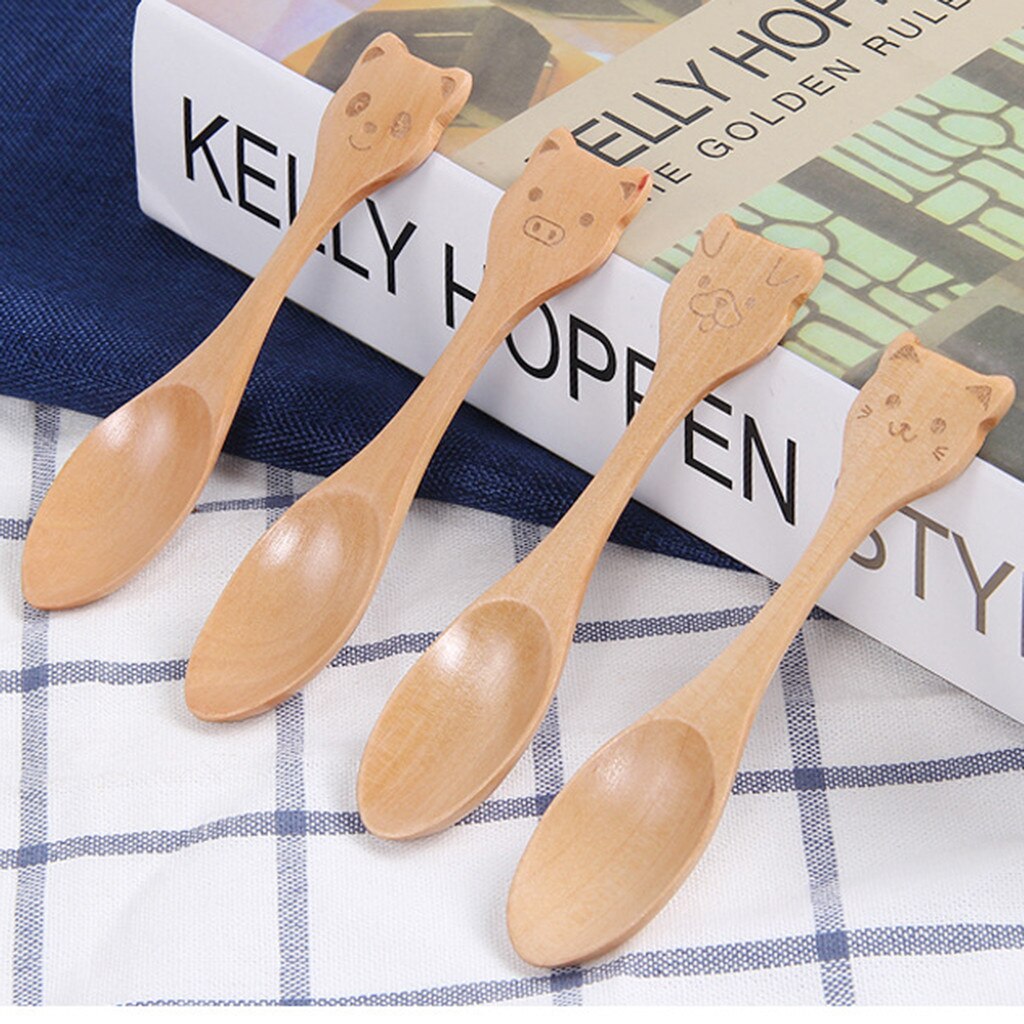 Health 1PCS Children's Wooden Spoon Cute Tool Wood Cute Animal Pattern Kids Spoon Easy Kitchen Eating Tool: D