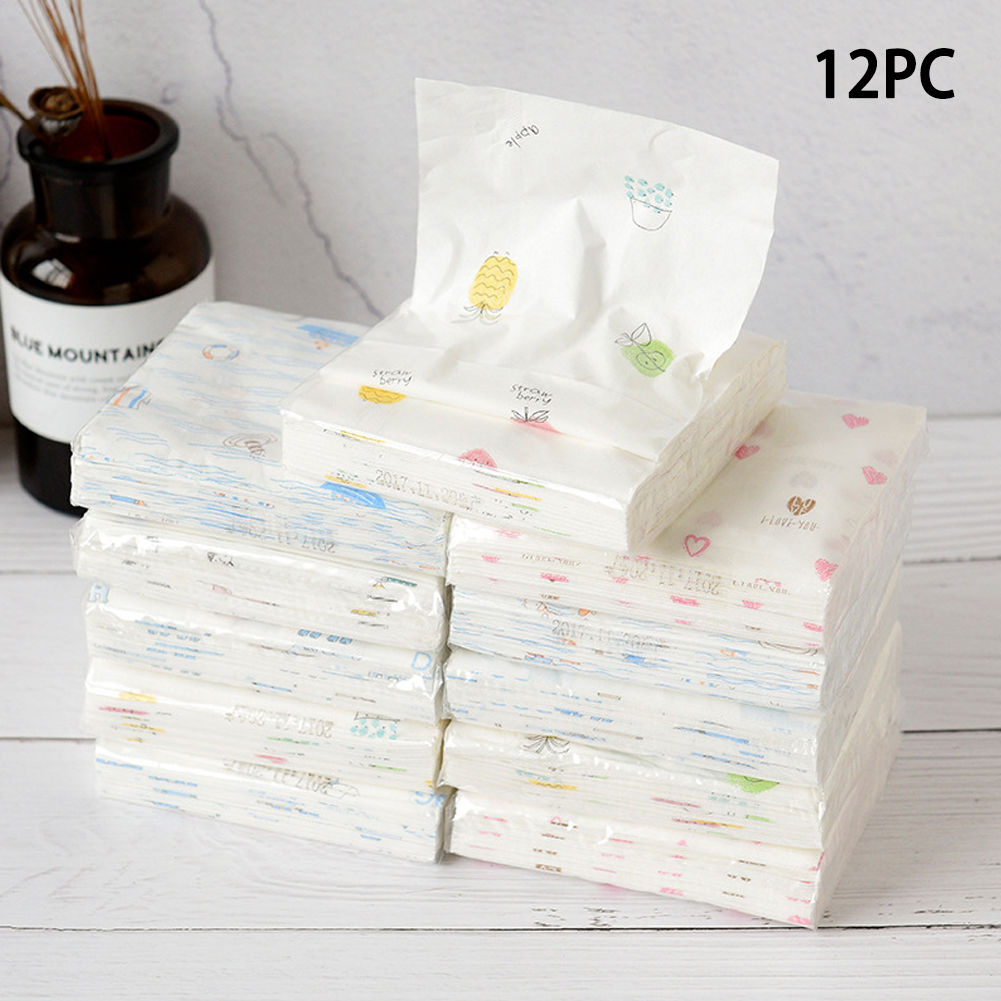 Pañuelos de papel desechables de 3 capas, compresas de impresión de dibujos animados gruesas, Color sanitario, aleatorio, 12 paquetes