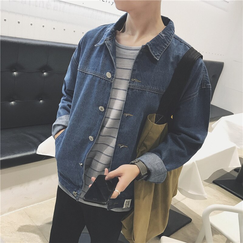 Spring Autumn washing streetwear Denim Jacket Men Korean Trend Lapel Loose Top Students Pure Color Handsome denim coat men