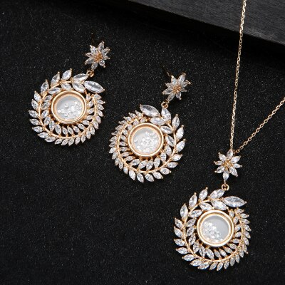 Collar de circonia cúbica + pendiente + brazalete para mujer, conjunto de joyería de boda, rama de olivo, Semi-sector, de , D1383: gold 2pcs set