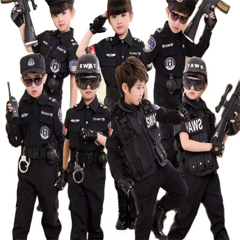 Costumes de policier du SWAT pour enfants, uniforme de police de carnaval pour enfants, armée, policier, soldat, Halloween, 110-160cm, 7 pièces, ensembles
