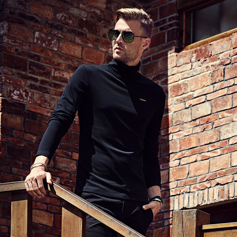 Enjeolon Men Thick Long Sleeved T-shirt Slim Fit Solid Color Turtleneck shirt Simplicity Print Tshirt RST1817