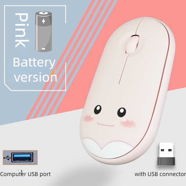 M106 wireless mouse cute cartoon mute 1200DPI Bluetooth wireless mouse USB charging 2.4G mouse suitable for office laptop: Battery pink