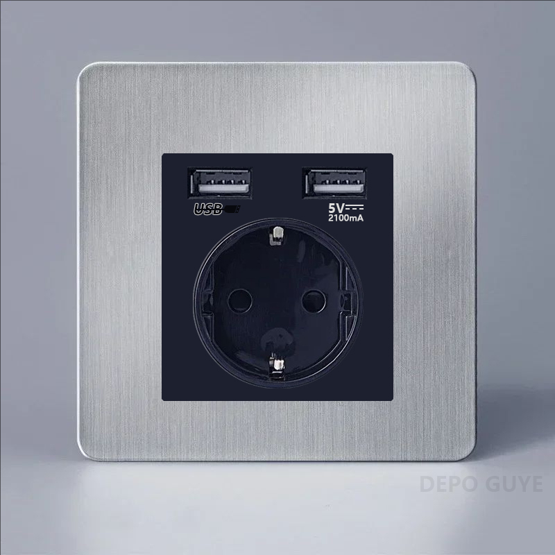Double Prise de Courant Murale en Acier Inoxydable Brossé, Rétro, UE, France, Levier D.lique Interdit, 1-4 lèvent, 2 Voies, Panneau d'Joli, RJ45