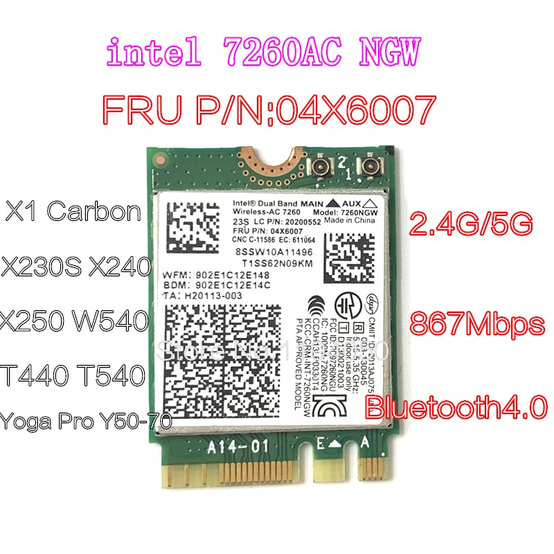 Para Intel 7260ac 7260NGW 7260 ac 2.4 / 5G BT4.0 FRU 04X6007 04X6087 para w540 Thinkpad t440 x240 X1 X250 x230s t540 Yoga y50-70