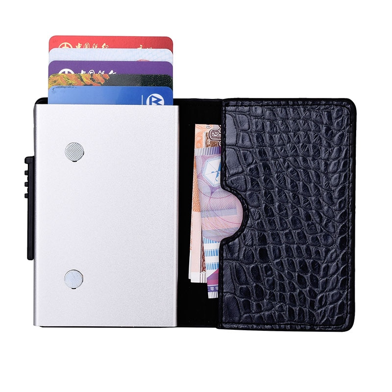 RFID Credit Card Box Case Aluminium+Leather Card Holder Wallet Manual Slider Anti-Scan Card Cover Men Women